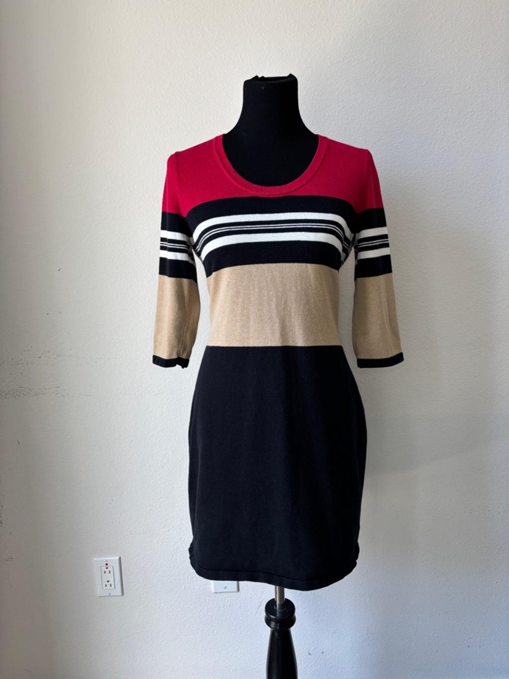 Calvin Klein Red, Black & White Striped Knit Top